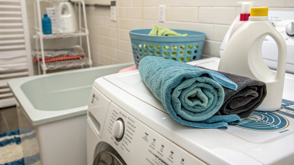 A person placing a yoga towel into a washing machine