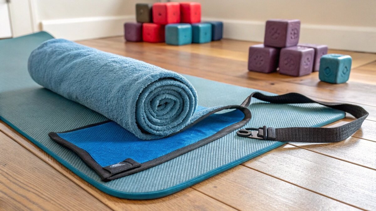 Close-up of a microfiber yoga towel absorbing a drop of water