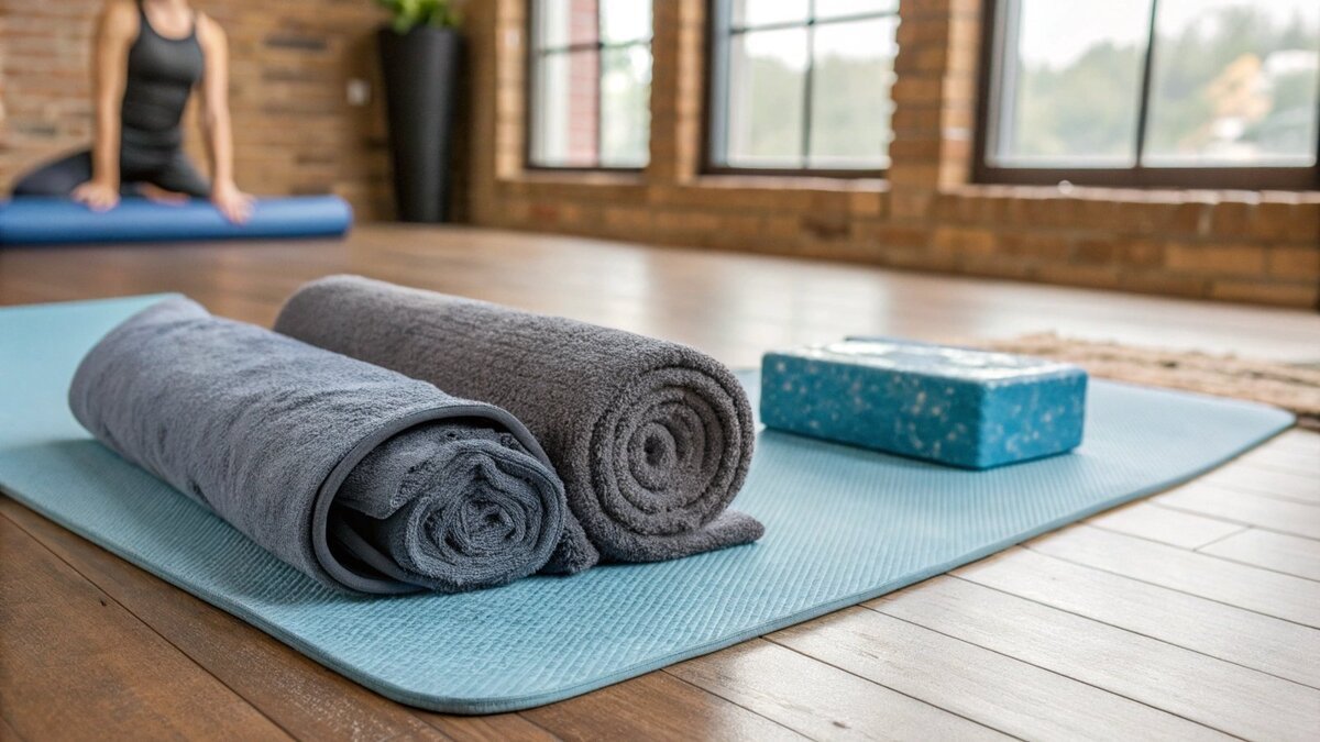 Una persona en una postura de yoga, firmemente plantada sobre una toalla de yoga que no resbale.