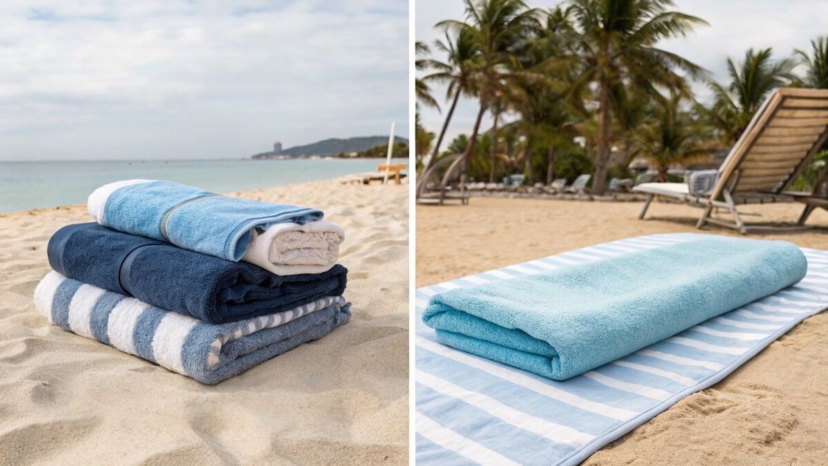 Pluszowy ręcznik kąpielowy obok cieńszego, żywego ręcznika plażowego na piasku
