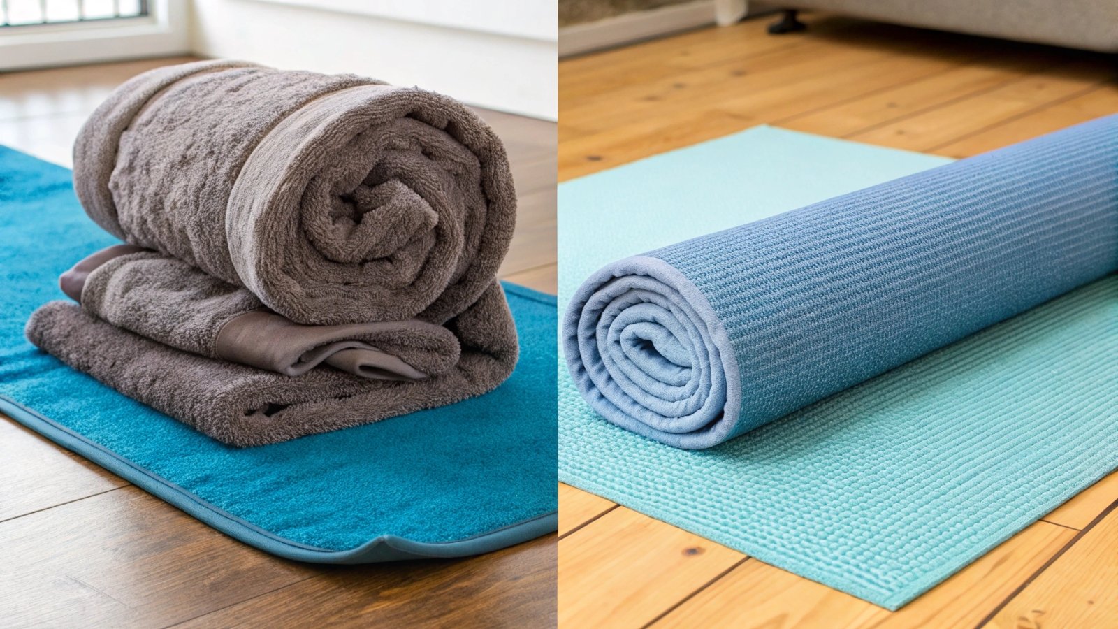 A bunched-up cotton bath towel on a yoga mat next to a smooth, flat yoga towel