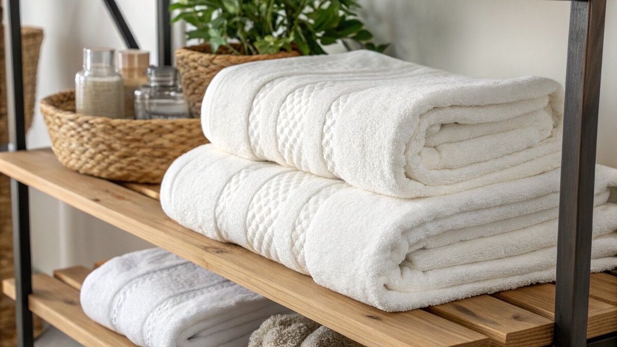 The Feel of Egyptian Cotton A person touching a stack of plush Egyptian cotton towels