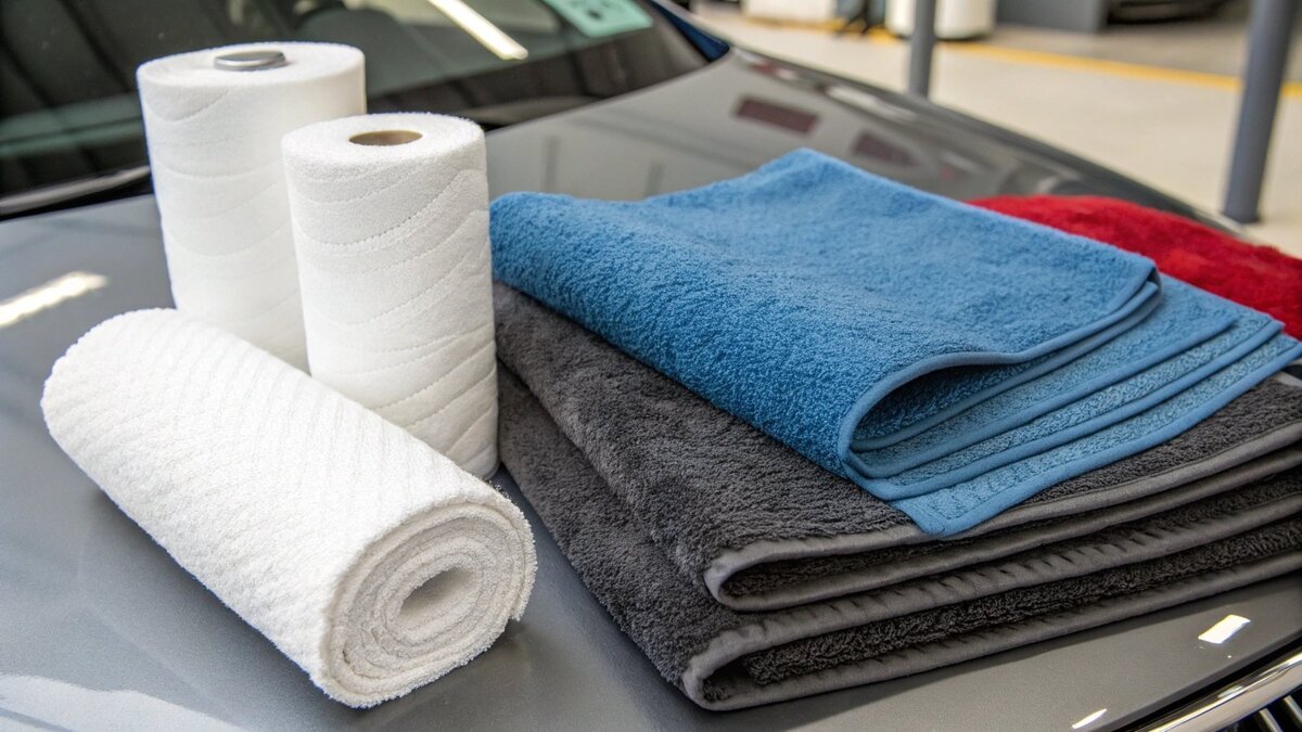 Matériel pour le lavage des voitures Comparaison entre les microfibres, le coton et les serviettes en papier