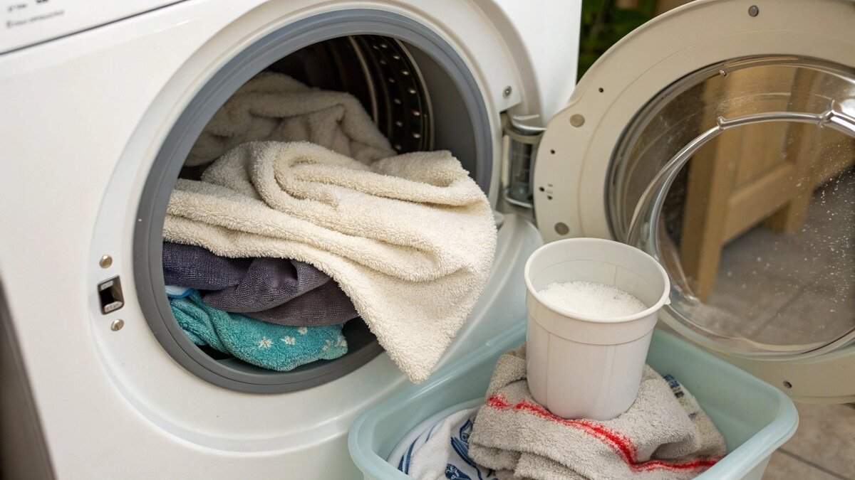 A person adding vinegar to a washing machine