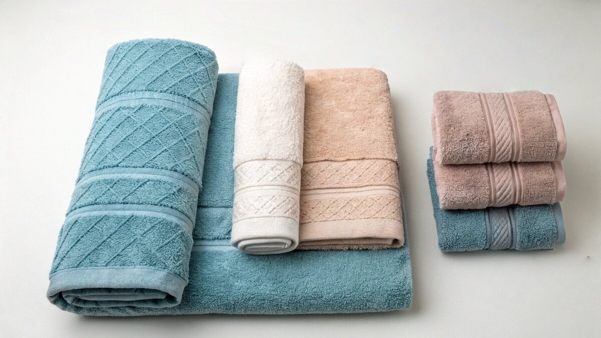 A stack of different towel types showing the variation in size and length