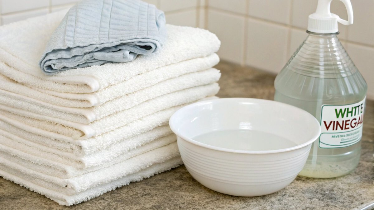 a bottle of white vinegar next to a washing machine