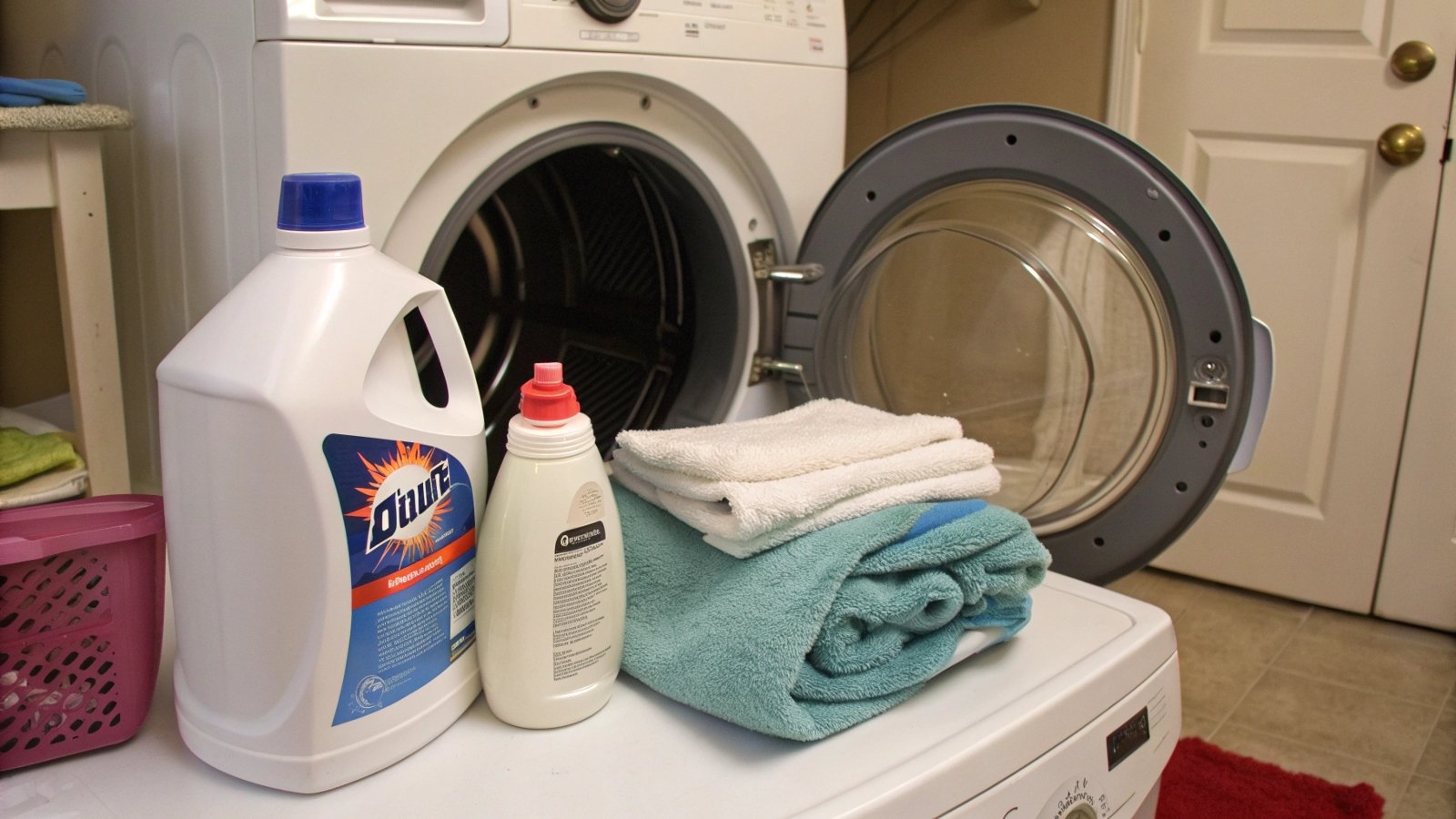 a red cross over a bottle of fabric softener and a dryer on a high heat setting