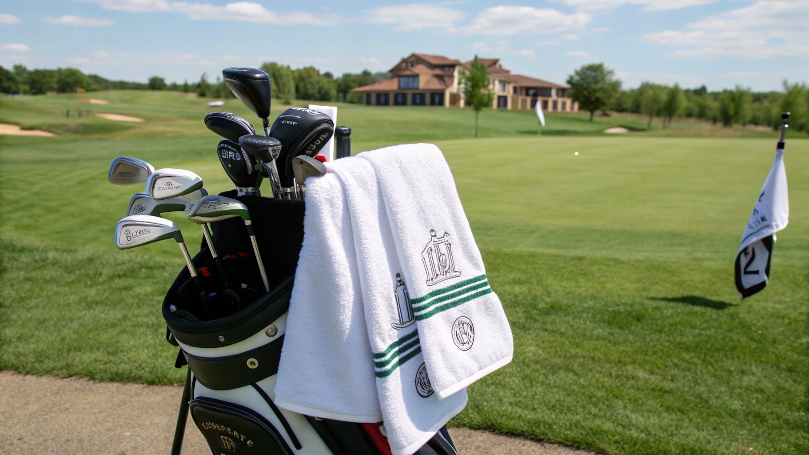 A mid-sized golf towel hanging from a golf bag