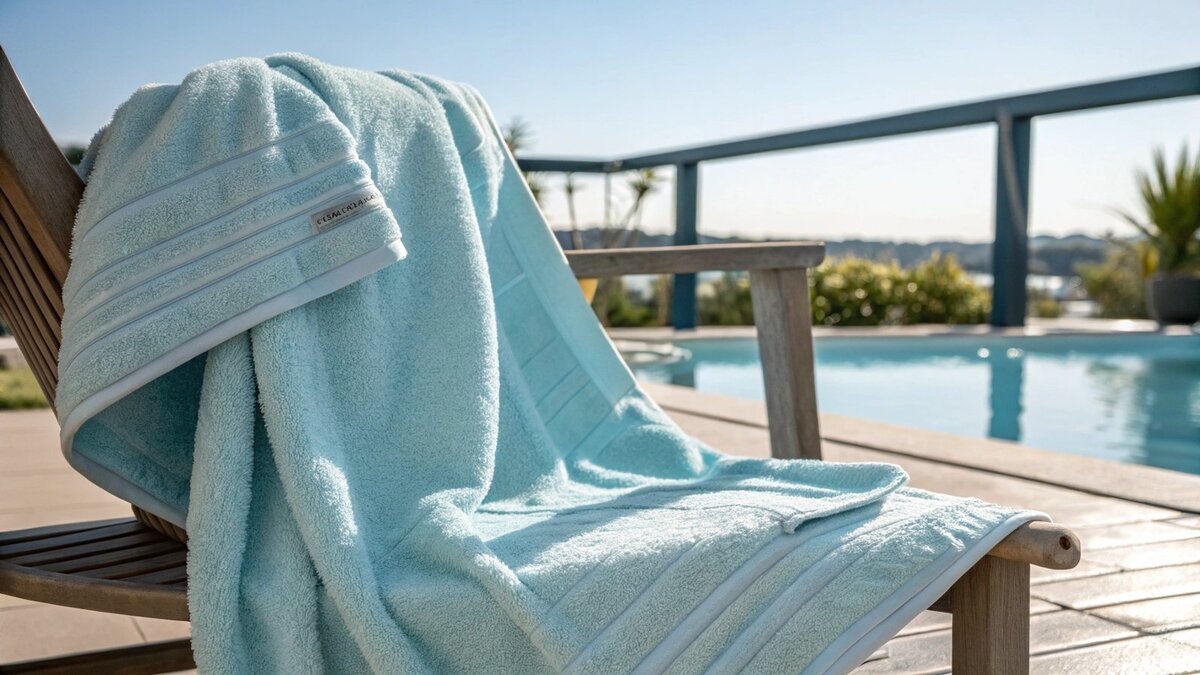 A brightly colored combed cotton beach towel on the sand