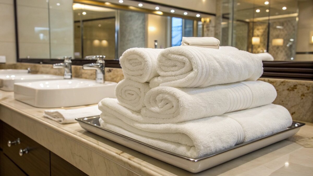 Toalhas brancas de hotel uma pilha de toalhas brancas e macias de hotel