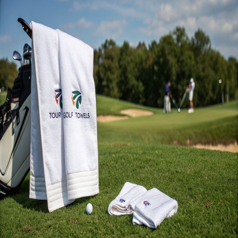 A large tour-style golf towel draped over a professional golf bag