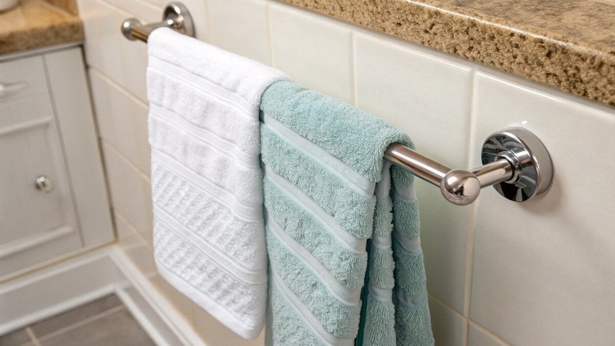 A perfectly sized hand towel hanging next to a modern bathroom sink
