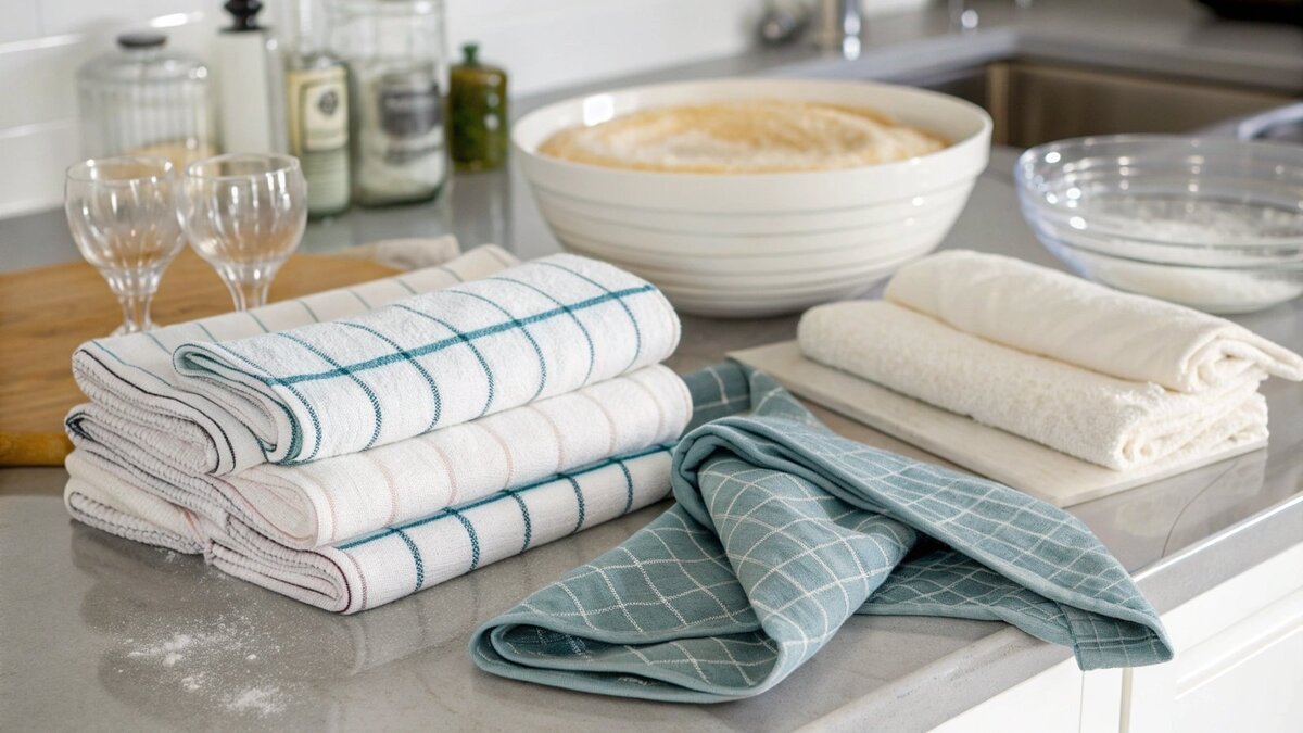 Farbenfrohe und funktionelle Küchentücher einen Stapel sauberer, gefalteter Küchenhandtücher in verschiedenen Farben und Mustern