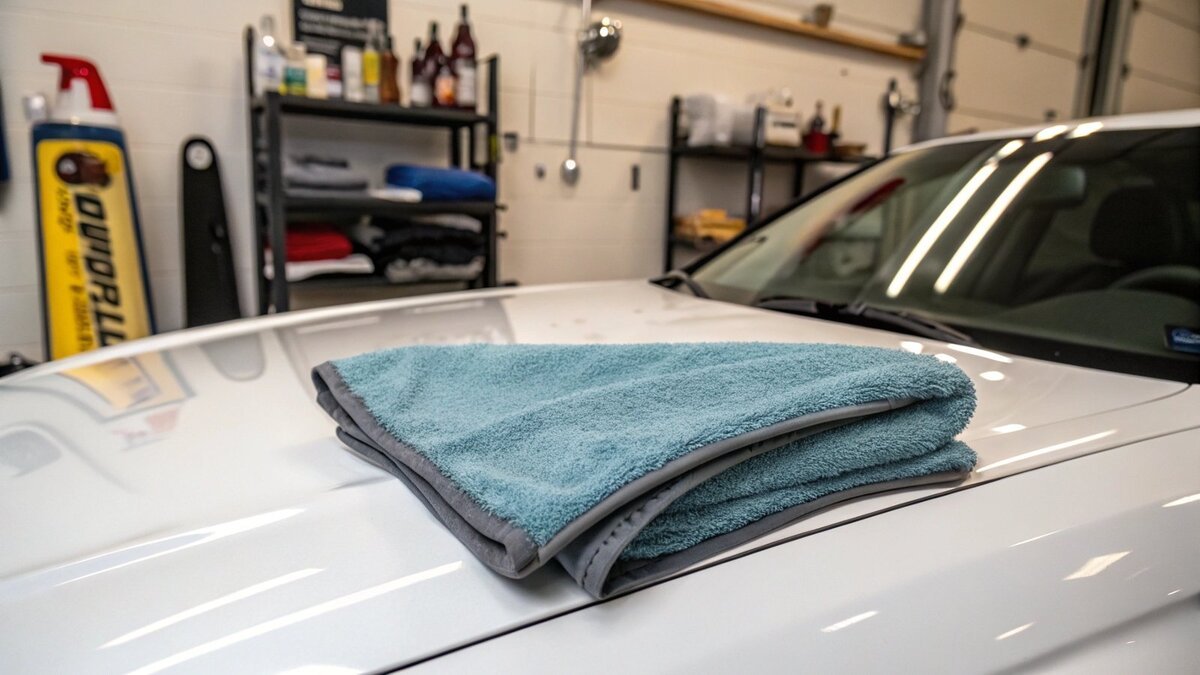 Serviette en microfibres pour la peinture des voitures Une serviette en microfibre propre sur un capot de voiture brillant