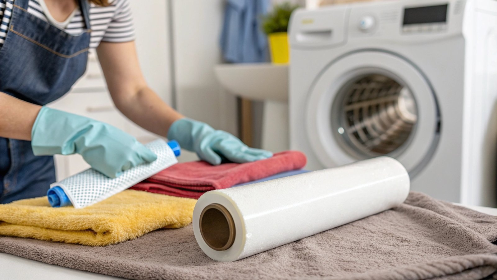 Using a lint roller on a microfiber towel.