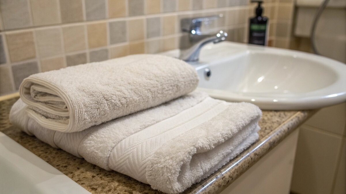 A hand towel hanging on a rack next to a sink