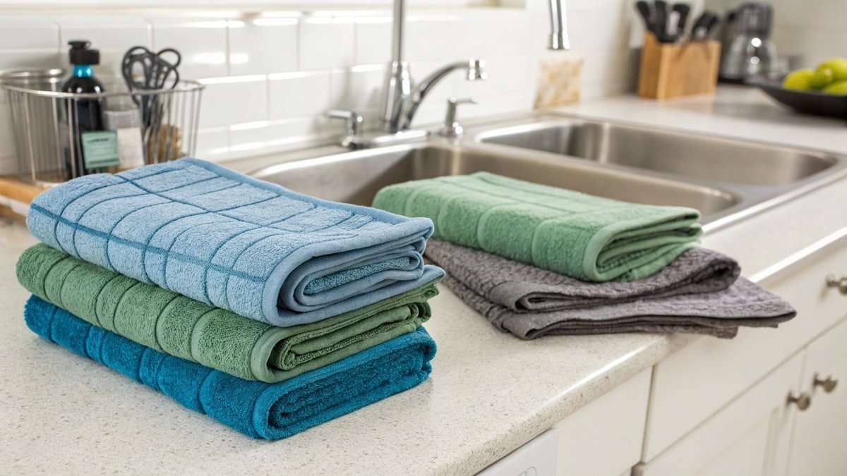 System zur Verwendung von Küchenhandtüchern drei verschiedene Küchentücher, die an Haken hängen, jedes in einer anderen Farbe, um die Verwendung zu kennzeichnen