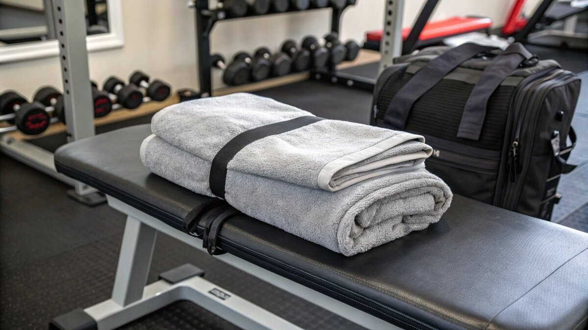 Tamanho ideal de toalha de ginástica para bancos Uma pessoa colocando uma toalha de ginástica em um banco de exercícios