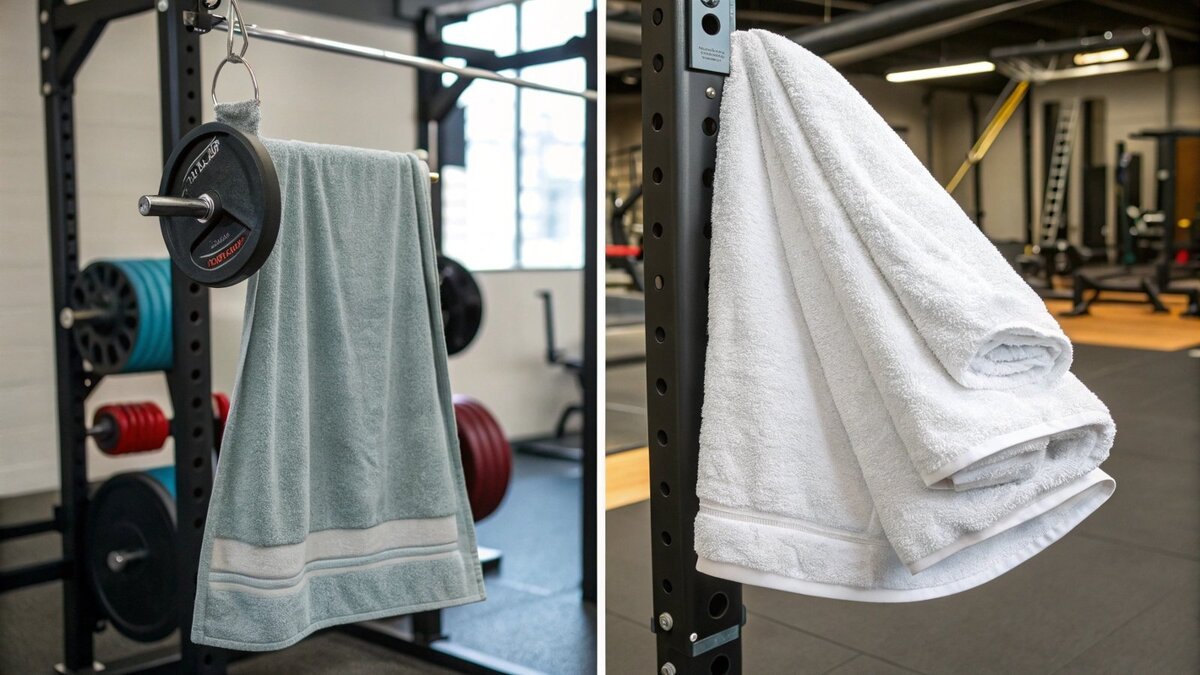 Toalha de academia vs. toalha de banho Uma toalha de banho volumosa ao lado de uma toalha de ginástica compacta em uma bolsa de ginástica