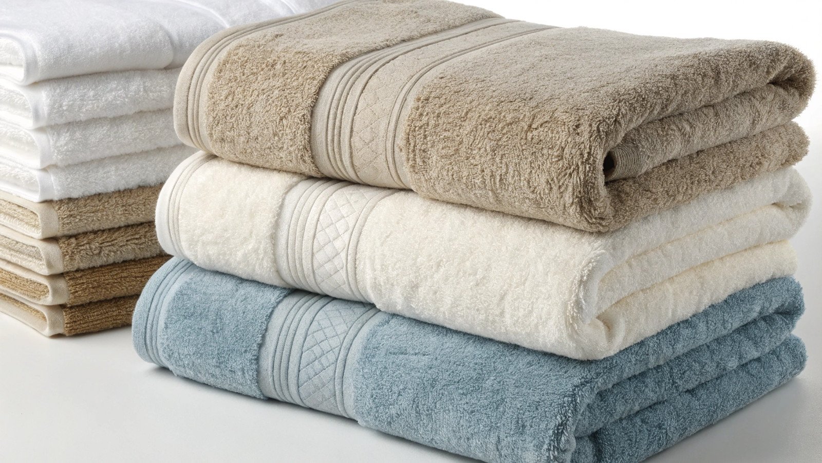 Absorbent Bath Towels Stacked A stack of plush, absorbent bath towels in neutral colors.