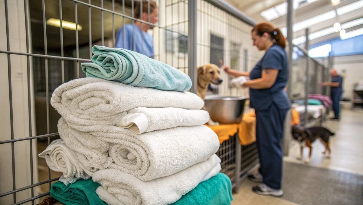 Doação de toalhas velhas para abrigos de animais Uma pessoa entregando uma pilha de toalhas a um voluntário de um abrigo de animais