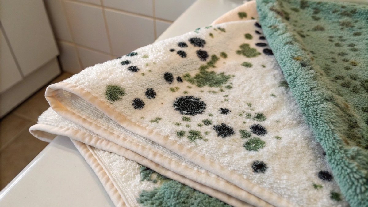 Identificação de mofo preto em toalhas Close-up de manchas pretas de mofo em uma toalha branca.