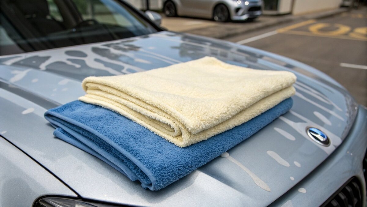 Comparação de panos de secagem para carros Uma comparação lado a lado de uma toalha de microfibra, uma toalha de algodão e uma camurça