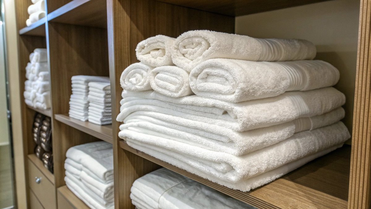 Toalhas de hotel brancas e macias Uma pilha imaculada de toalhas brancas e macias de hotel em uma prateleira.