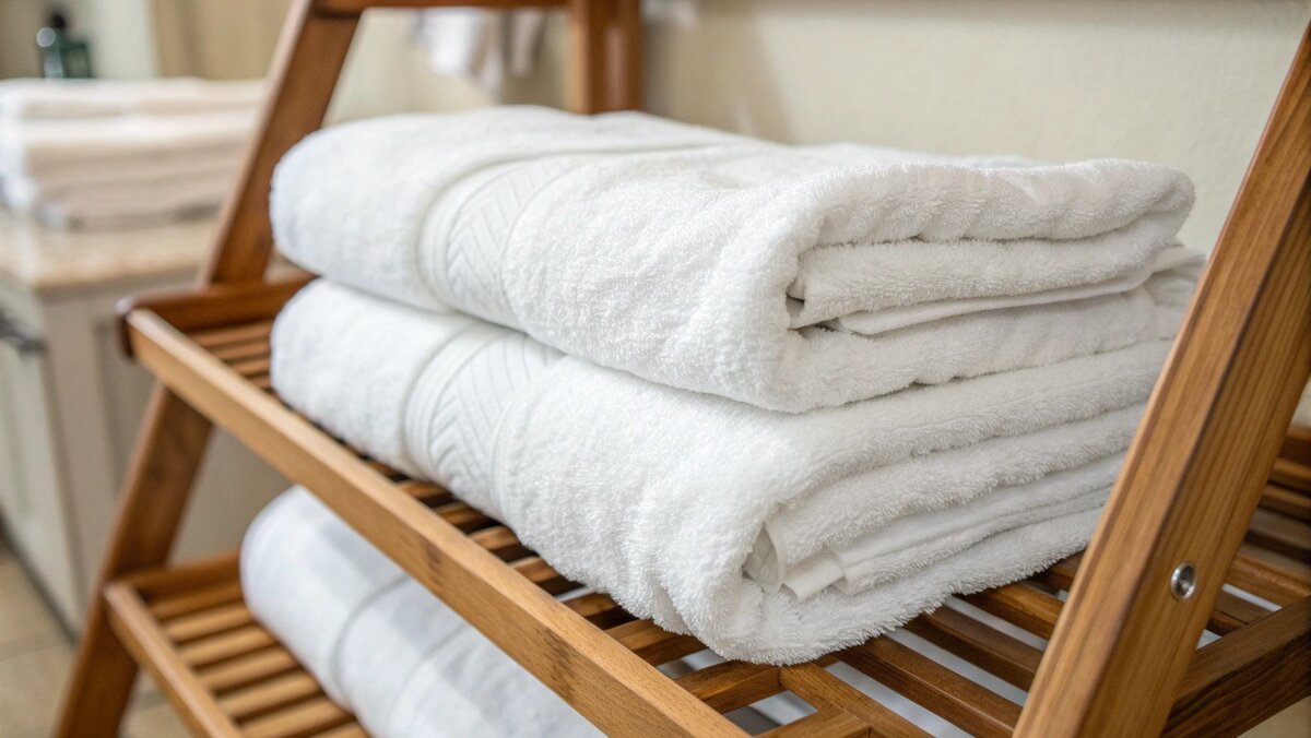 Causas do amarelamento das toalhas Um close-up do tecido de uma toalha mostrando uma descoloração amarela.