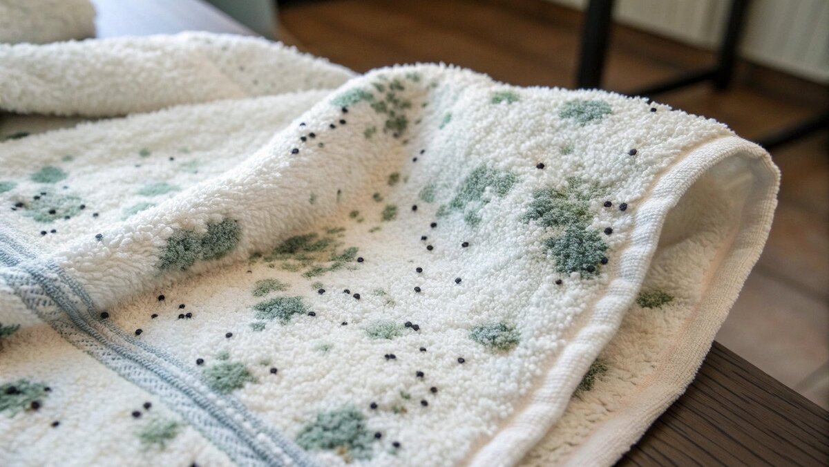 Como é a aparência do mofo em uma toalha Uma lente de aumento sobre manchas pretas de mofo em uma toalha