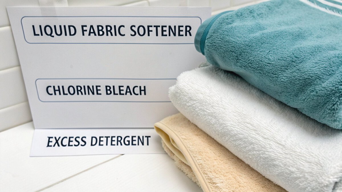 what products to avoid when washing towels laundry bottles with a red X over fabric softener