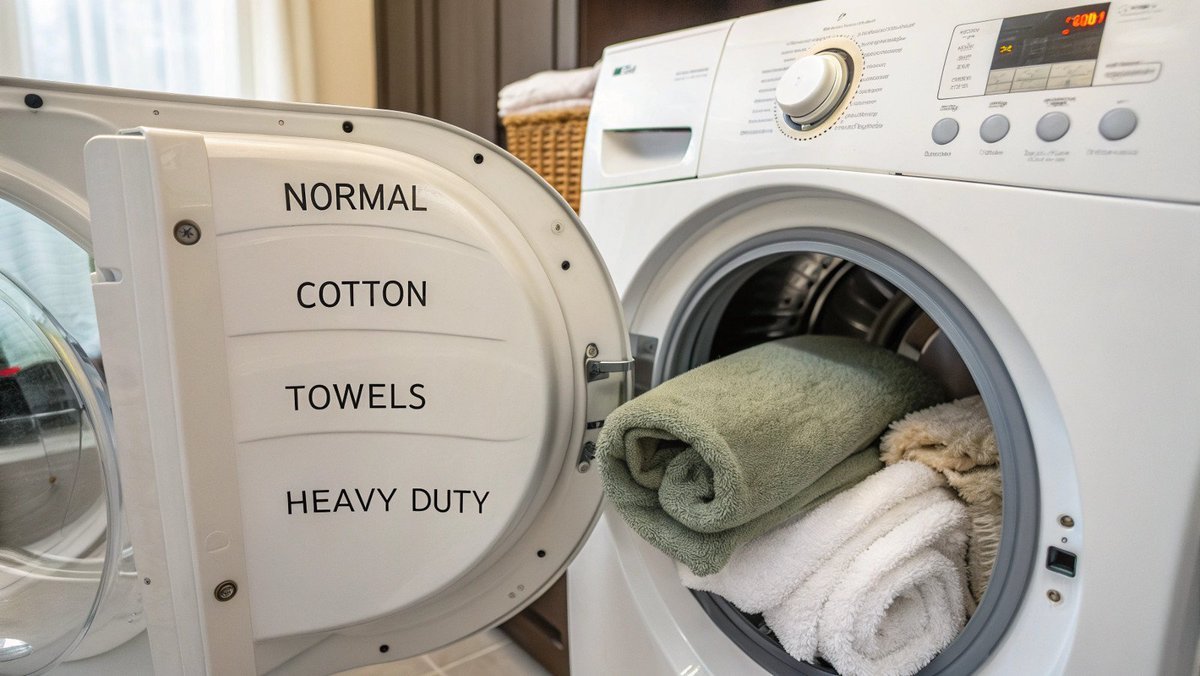 Best Wash Cycle for Towels A close-up of a washing machine's control panel, with a finger pointing to the 'Towels' cycle.