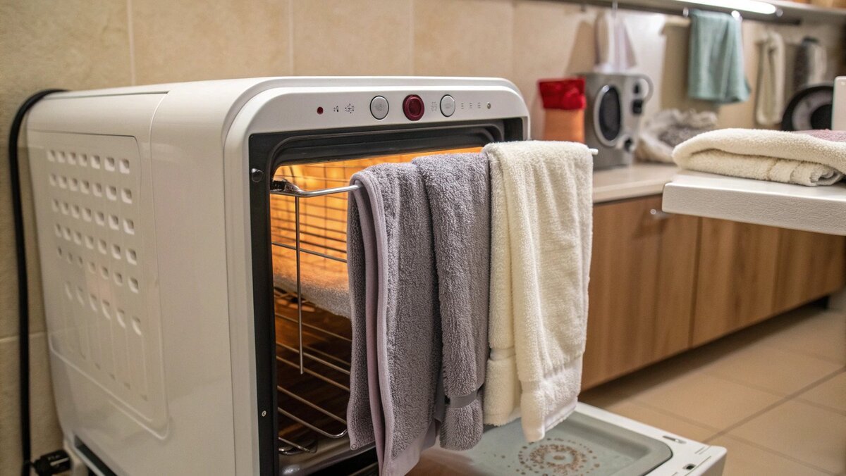Drying a wet towel on a warmer A damp towel hanging to dry on a towel warmer
