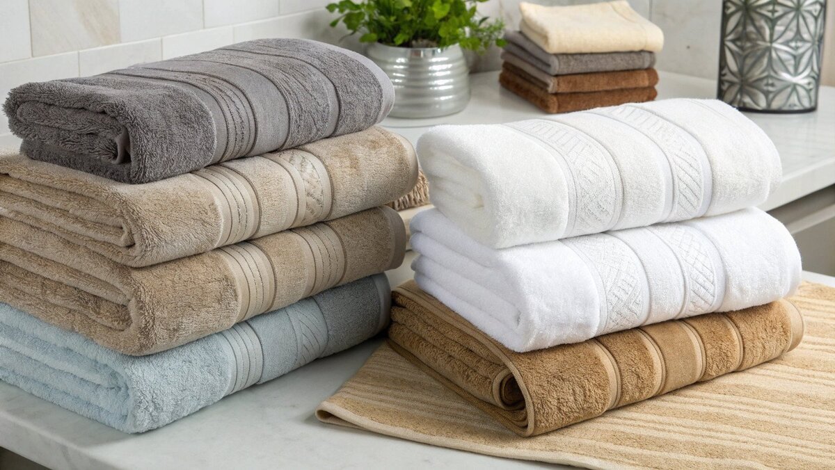 Towel Material Comparison Close-up shot of different towel fabric textures: cotton, bamboo, and microfiber.