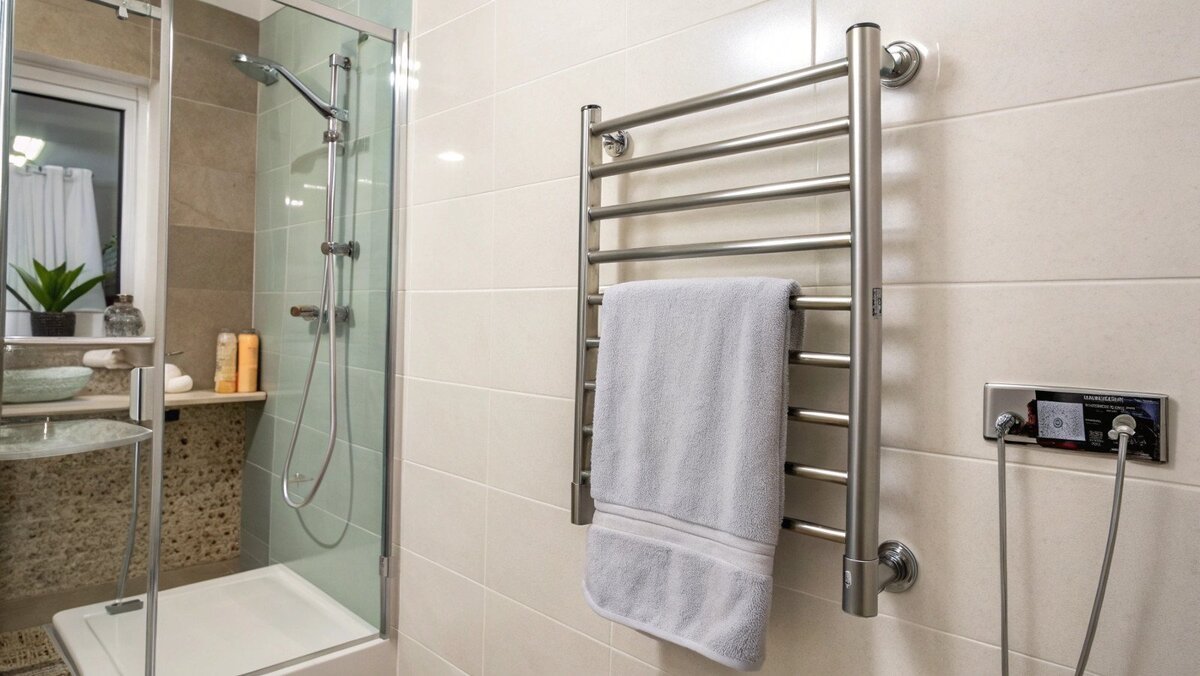 أفضل مكان لتركيب جهاز تدفئة المناشف جهاز تدفئة المناشف مثبت بأمان على جدار الحمام بالقرب من الدش