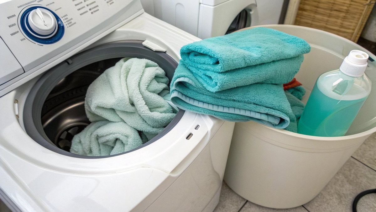 Best Way to Wash Towels A load of fresh towels being put into a front-loading washing machine.