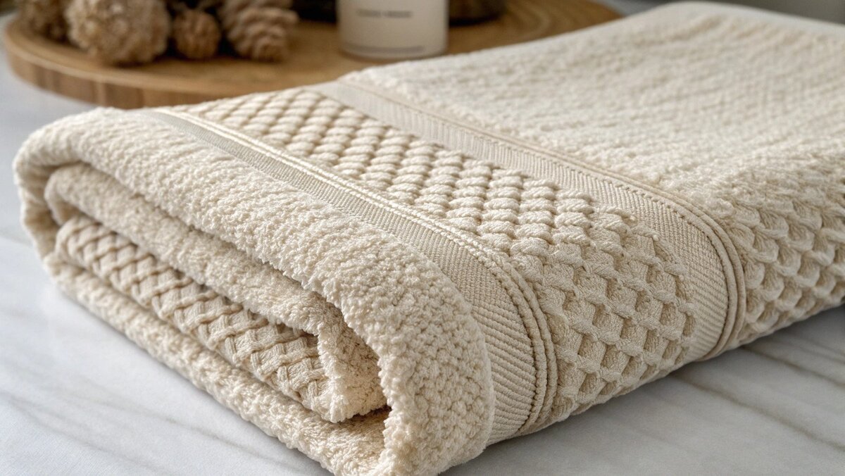 Towel Weave Comparison Close-up of a waffle weave towel texture next to a traditional terry cloth loop texture.