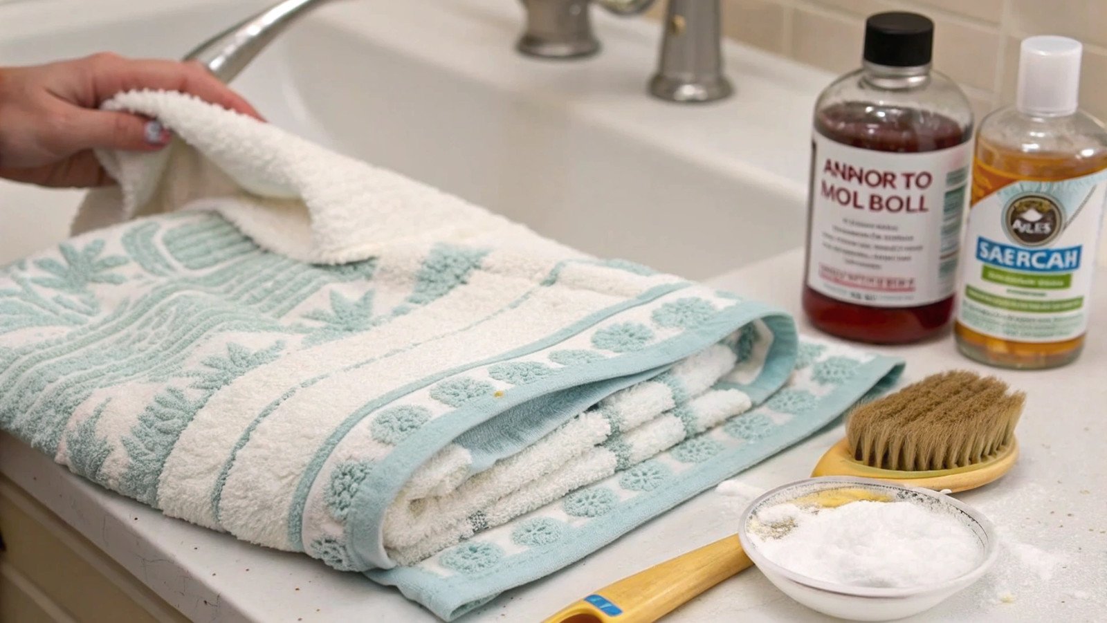 Jogando fora uma toalha mofada Uma pessoa segurando uma toalha mofada sobre uma lata de lixo, hesitando