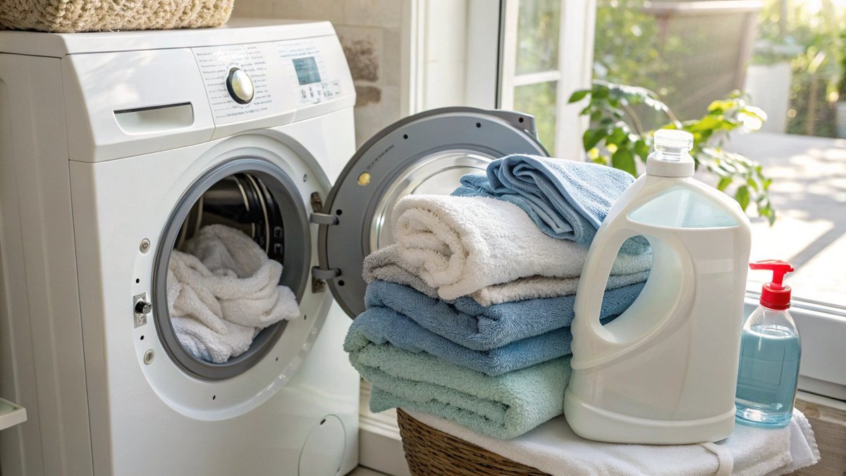 Toalhas limpas e higienizadas Uma pilha de toalhas brancas limpas e dobradas.