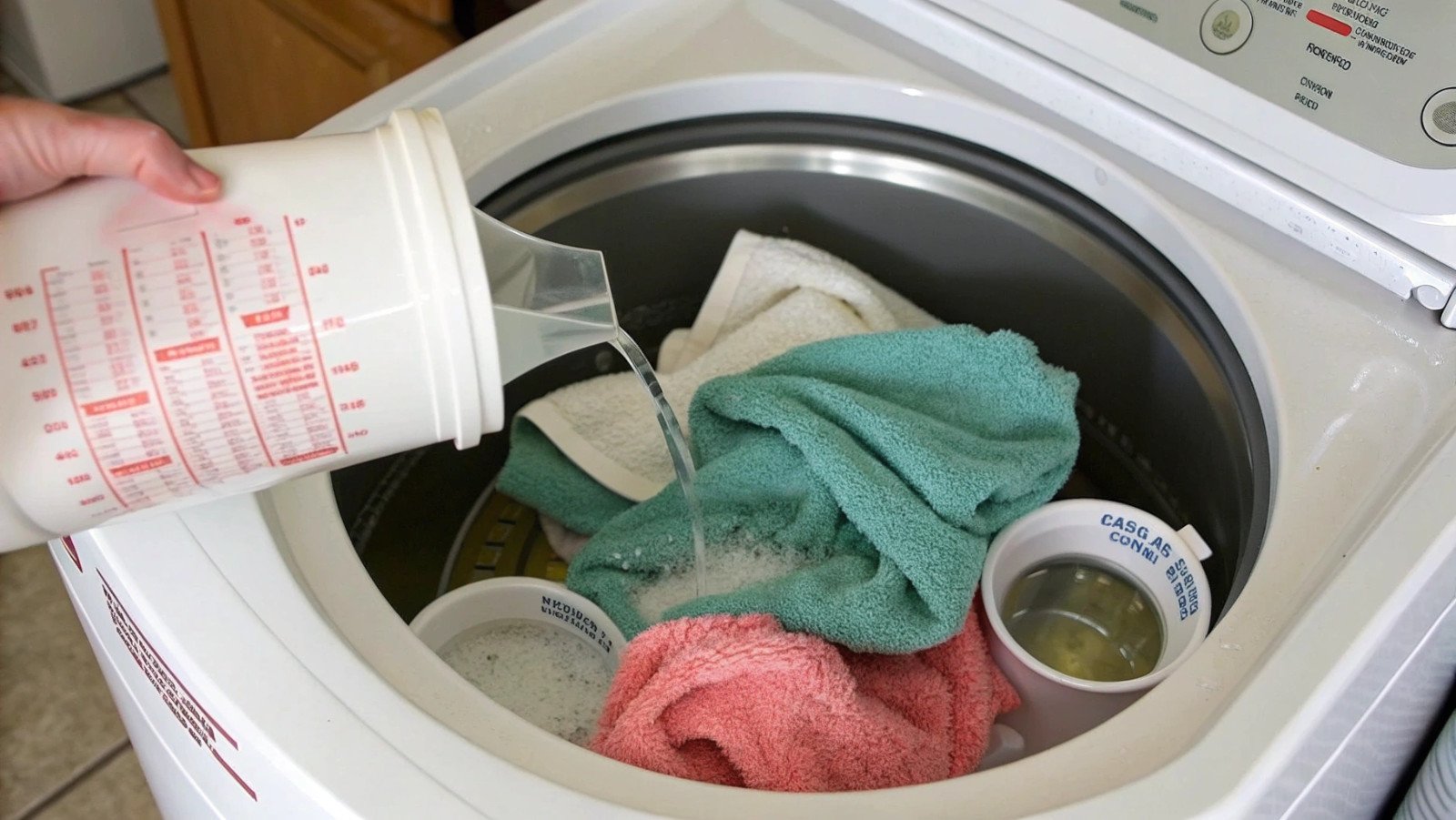 Como tirar o mofo das toalhas Garrafas de vinagre e bicarbonato de sódio ao lado de uma máquina de lavar