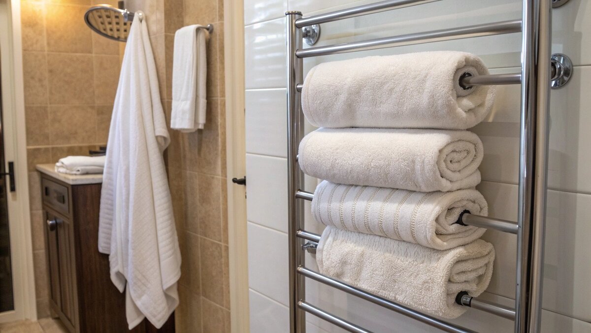 Using a towel warmer A towel warmer with neatly folded towels on it