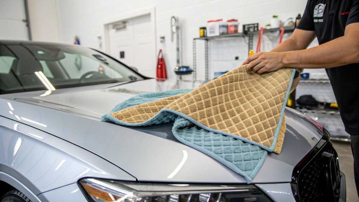 Toalha de microfibra Waffle Weave Um close-up detalhado da textura de uma toalha de microfibra com trama de waffle