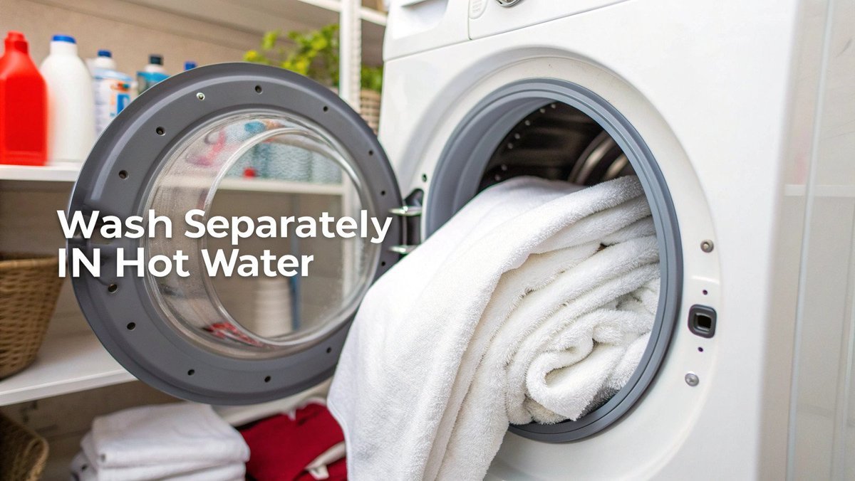 Lavagem de toalhas Uma máquina de lavar moderna com uma pessoa que adiciona toalhas.