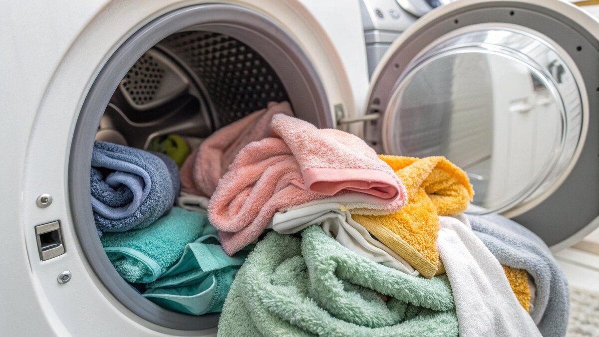 Washing Towels in a Washing Machine A neatly organized laundry room with a modern washing machine.