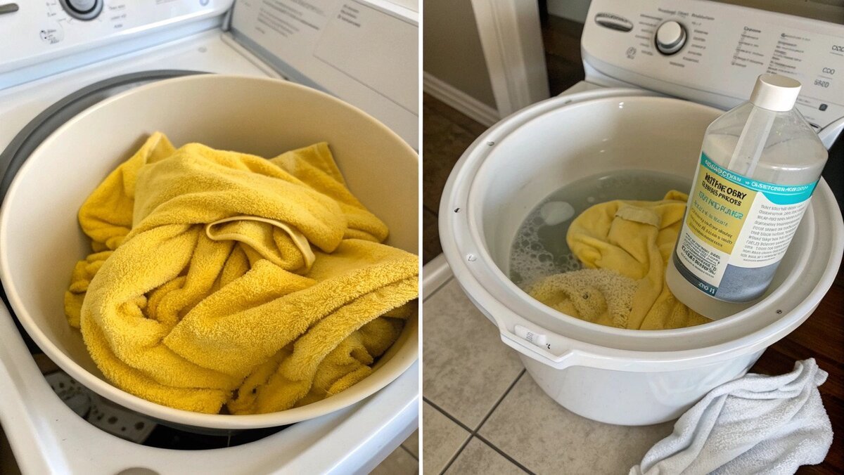 Toalhas amarelas branqueadoras Uma toalha branca de molho em uma bacia de água com bicarbonato de sódio.