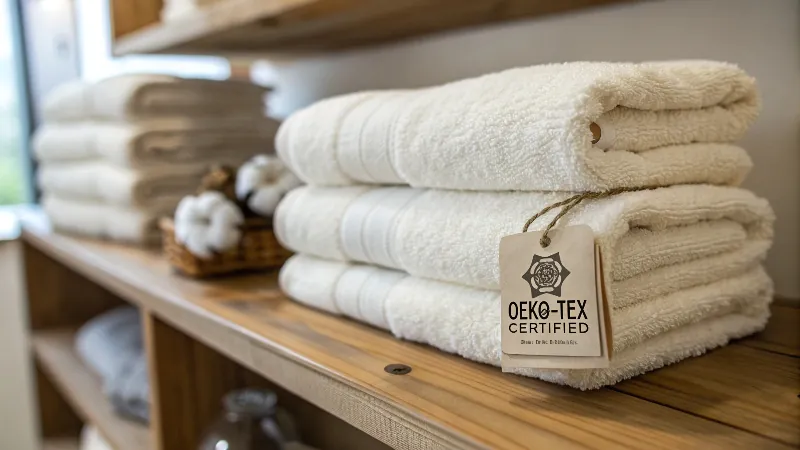 A towel with a 100% Cotton label clearly visible