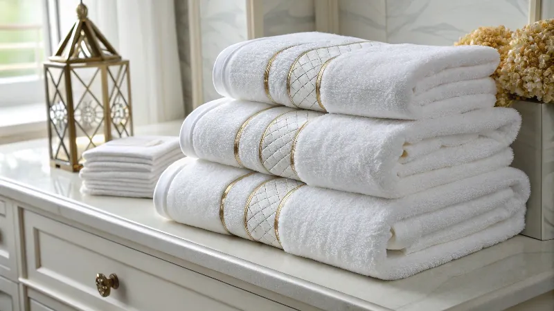 Una toalla blanca de felpa en el baño de un hotel de lujo