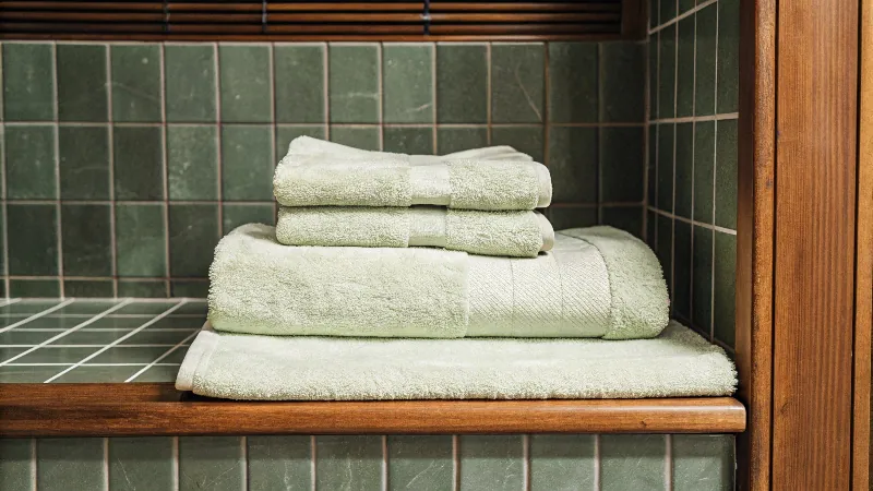 Un juego de toallas bien dobladas: toalla de baño, toalla de manos y toallita para lavarse.