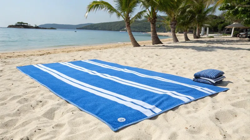 Una persona tumbada en la arena sobre una toalla de playa de tamaño estándar