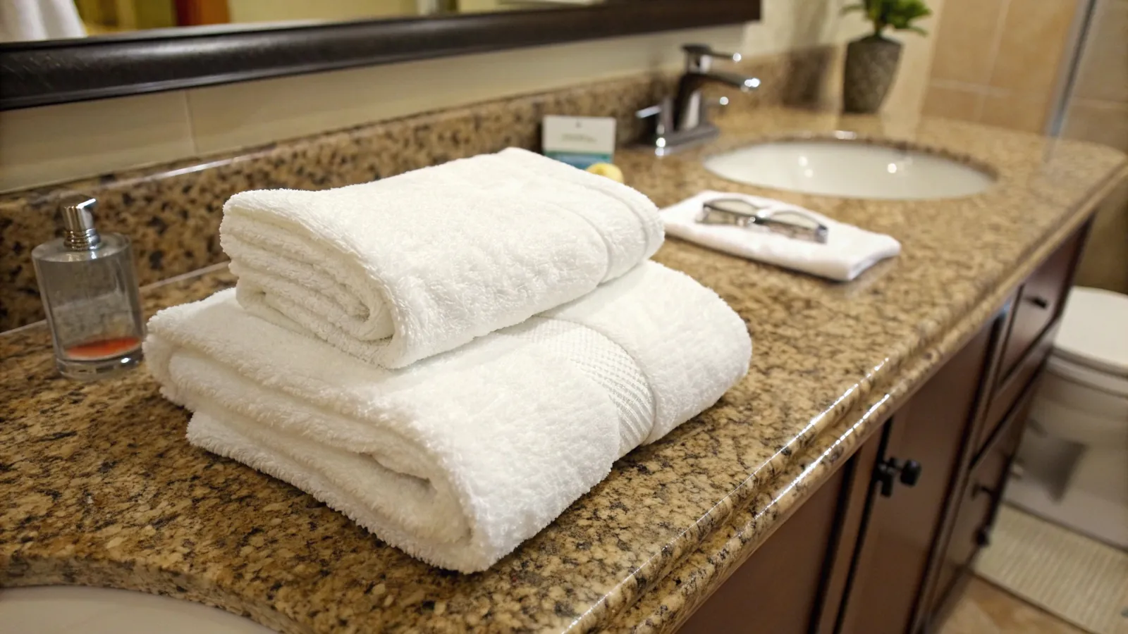A decorative stack of guest towels in a powder room